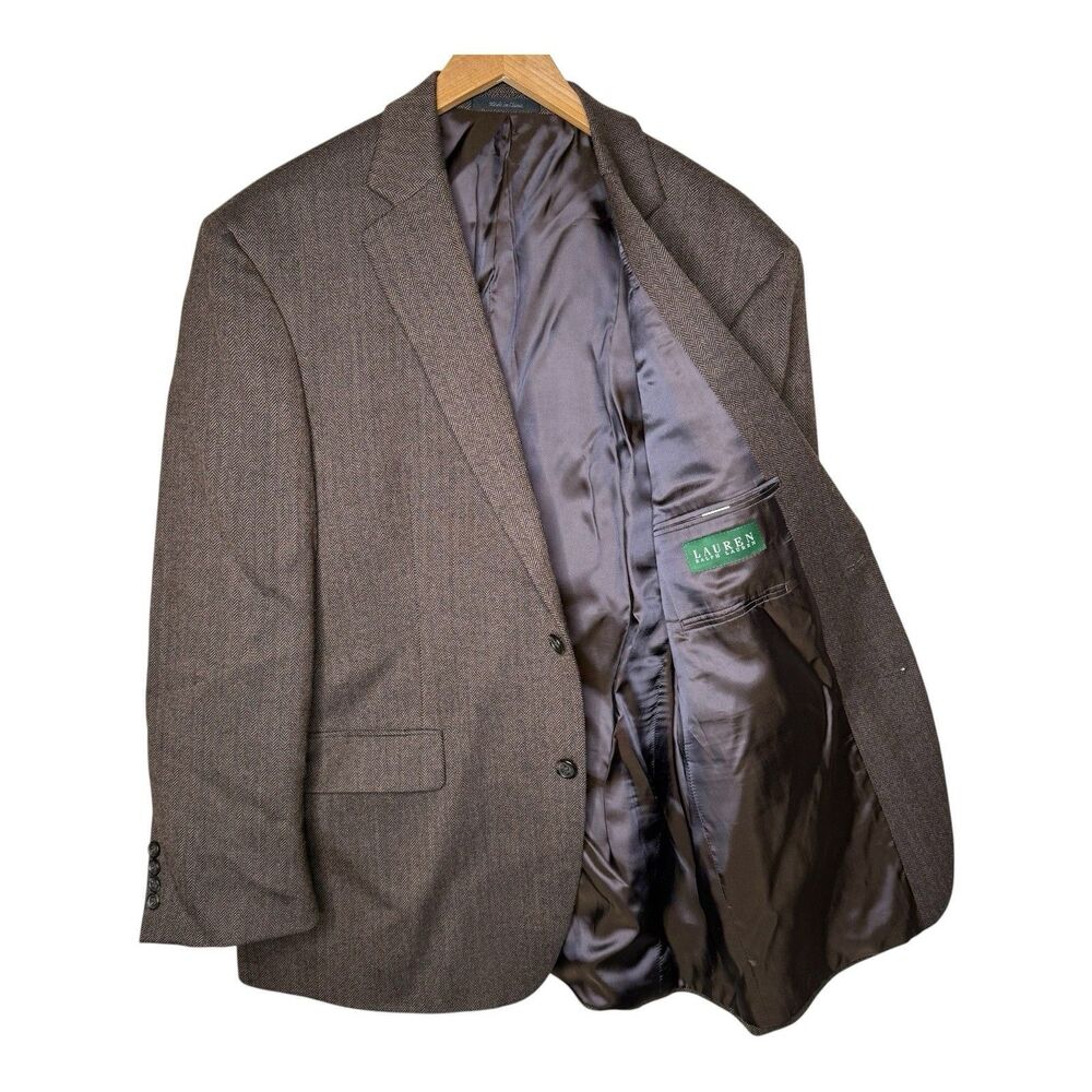 Lauren Ralph Lauren 44R Brown Herringbone Blazer Sport Coat 100% Wool Mens